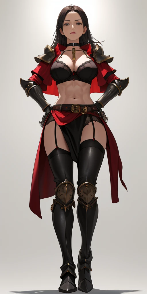 (Plain background) Female full body standing straight symmetrical looking to the viewer RED full body armored (handcuffs, shackles, rerebrace, faulds, poleyn, gauntlets, leather collar choker, gloves, gauntlets, high boots bootstraps, black stockings) 2 cr...