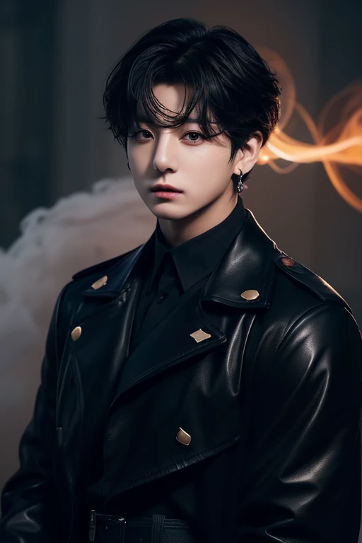 (((Jeong Jungkook))), BTS Jeon Jungkook, armed force, brigadier general clothing, long trench coat, gray black red leather clothing, T-shirt, muscular man, man with good body, weapons, war field with helicopters and a squad, Jeong Jungkook from special squ...