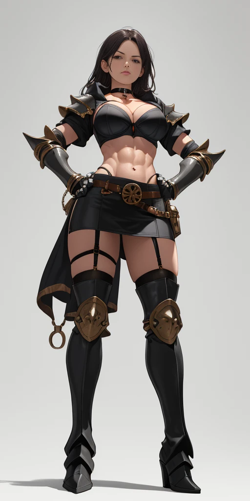 (Plain background) Female full body standing straight symmetrical looking to the viewer RED full body armored (handcuffs, shackles, rerebrace, faulds, poleyn, gauntlets, leather collar choker, gloves, gauntlets, high boots bootstraps, black stockings) 2 cr...