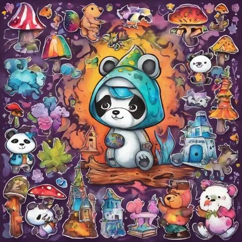 Stickers,Watercolor, witch, Bear, しろBear,Panda,stuffed toy,Mascots,Plot a prank, In the dark forest, Strange mushrooms,