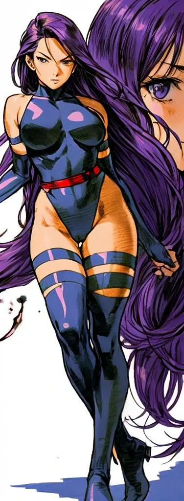 Psylocke with big  and long legs stands blushing。