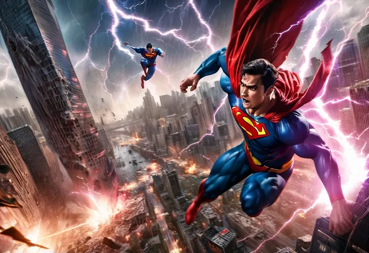 (superman,flying,save the day,robot,attacking,downtown,rescue,city,skyscrapers,destruction)
(best quality,ultra-detailed,realistic:1.37),(photography,comic book style),vibrant colors
(lightning, dramatic lighting)