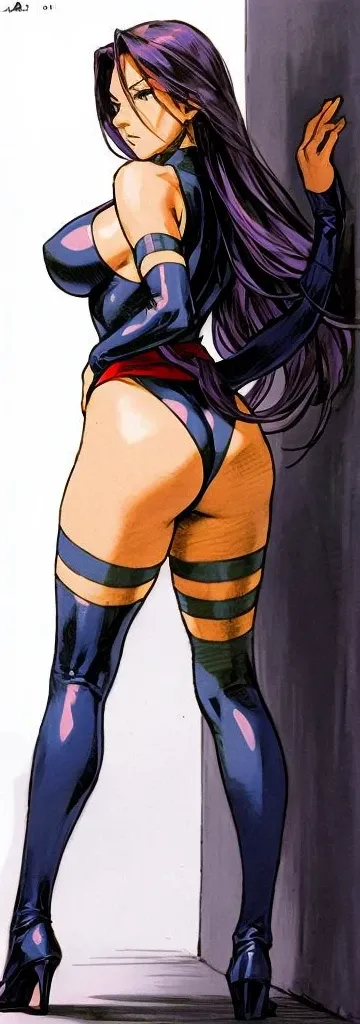 Psylocke with big breasts and long beautiful legs standing from behind。