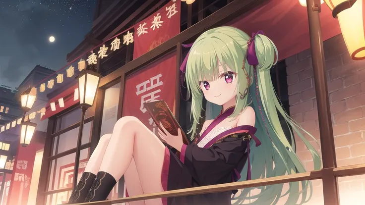 ((masterpiece)),(best quality),Official Art,Extremely detailed CG,Unity 8k Wallpaper,Super detailed,Beautiful and delicate eyes,Extremely detailed face,1 girl,solitary,,(whole body:1.5),(small:1.3),Smile,,Murasame,Very long hair,Green Hair,sides up,Purple ...