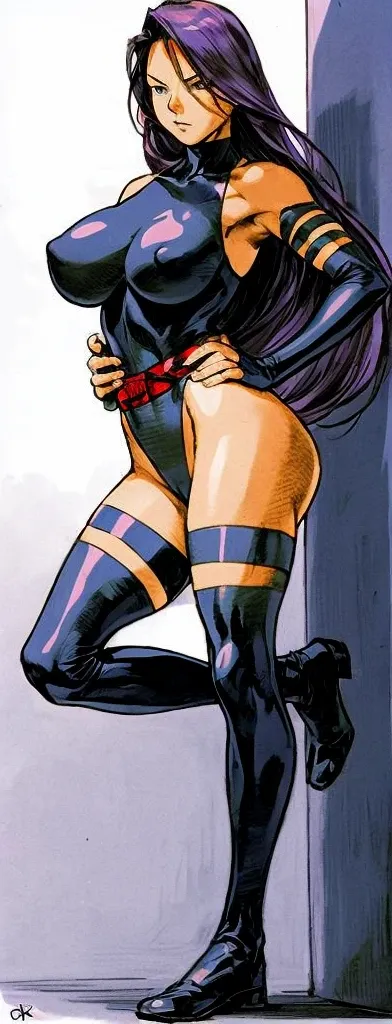 Psylocke, with her big breasts and long beautiful legs, is standing with her hands on her hips and a gentle expression on her face.。