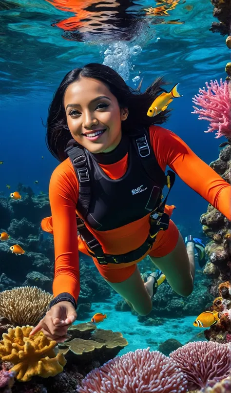 masterpiece, very realistic, very detailed, original photo, beautiful indonesian woman diving, smiling sweetly with long black h...