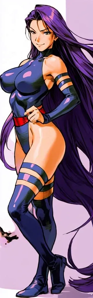 Psylocke with big breasts and beautiful legs is standing with her hands on her hips and a smile on her face.。blush。