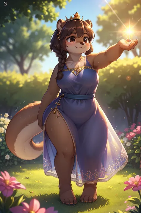 Bokeh , 1 hairy mature otter girl , Short stature , curvy , hige , realistic hairy fur , Round face, swollen cheeks, moist round eyes , (crown braid hair) , (relax see-through summer dress:0.9) , in the grass garden , sunlight , (flare:1.2) , (body line is...