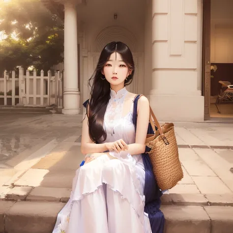 Araffe lady sitting on the steps，Holding a straw bag and a straw bag in hand, Korean female fashion models, Wearing long, flowing clothes, Bae Suzy, Long skirt female, Beautiful young Korean woman, Ulzan, Wearing a flowing dress, Long skirt, Beautiful youn...