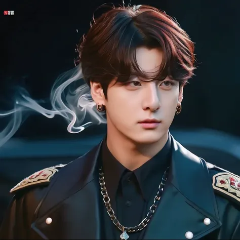 (((Jeong Jungkook))), BTS Jeon Jungkook, armed force, brigadier general clothing, long trench coat, gray black red leather clothing, T-shirt, muscular man, man with good body, weapons, war field with helicopters and a squad, Jeong Jungkook from special squ...