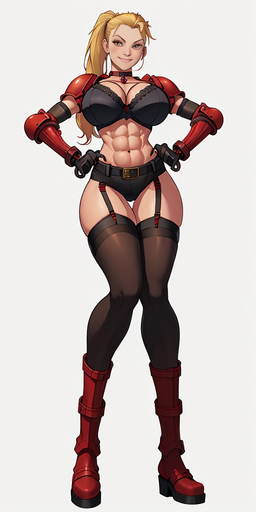 (Masterpiece, 4k, plain background:1.2) Female Cammy White Street Fighter red gloves gauntlets full body standing straight symmetrical feet together looking to the viewer RED full body armored, 2 crossing big belt under belly button, navel, abs, garter str...