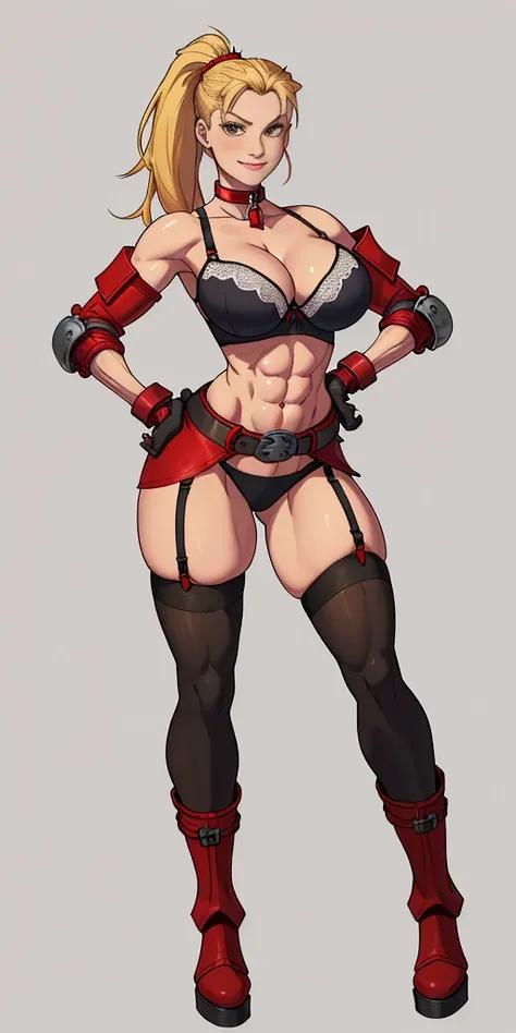 (Masterpiece, 4k, plain background:1.2) Female Cammy White Street Fighter red gloves gauntlets full body standing straight symmetrical feet together looking to the viewer RED full body armored, 2 crossing big belt under belly button, navel, abs, garter str...