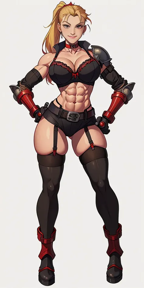 (Masterpiece, 4k, plain background:1.2) Female Cammy White Street Fighter red gloves gauntlets full body standing straight symmetrical feet together looking to the viewer RED full body armored, 2 crossing big belt under belly button, navel, abs, garter str...