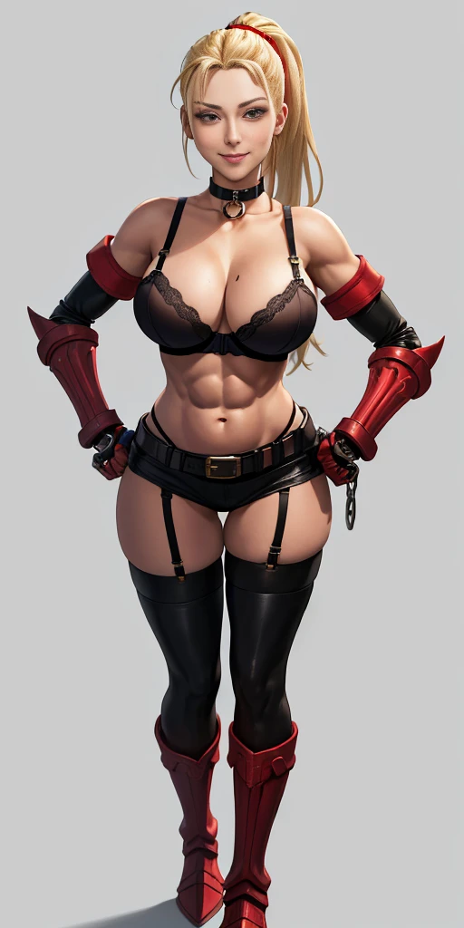 (Masterpiece, 4k, plain background:1.2) Female Cammy White Street Fighter red gloves gauntlets full body standing straight symmetrical feet together looking to the viewer RED full body armored, 2 crossing big belt under belly button, navel, abs, garter str...