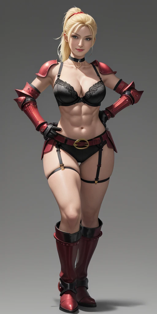 (Masterpiece, 4k, plain background:1.2) Female Cammy White Street Fighter red gloves gauntlets full body standing straight symmetrical feet together looking to the viewer RED full body armored, 2 crossing big belt under belly button, navel, abs, garter str...