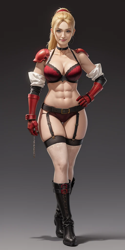 (Masterpiece, 4k, plain background:1.2) Female Cammy White Street Fighter red gloves gauntlets full body standing straight symmetrical feet together looking to the viewer RED full body armored, 2 crossing big belt under belly button, navel, abs, garter str...