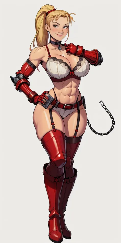 (Masterpiece, 4k, plain background:1.2) Female Cammy White Street Fighter red gloves gauntlets full body standing straight symmetrical feet together looking to the viewer RED full body armored, 2 crossing big belt under belly button, navel, abs, garter str...