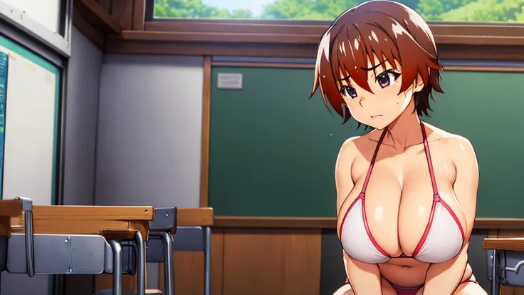 When They Cry Keiichi Maebara big breasts breast enlargement breasts pumped up bikini full-body shot sitting alone in the classroom looking at the scenery illustration, ultra-detailed, HDR, vibrant colors, soft lighting