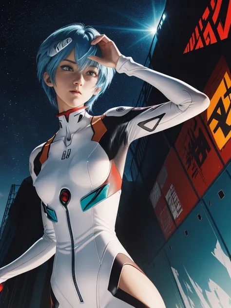 (Best Quality, masutepiece, Colorful, Dynamic Angle, highest details)(Rei Ayanami), Cowboy style, Fashion photo of a girl with flirting blue bob hair (Rei Ayanami), Detailed red eyes, Description Evangelions White Suit (high resolution texture), in a dynam...