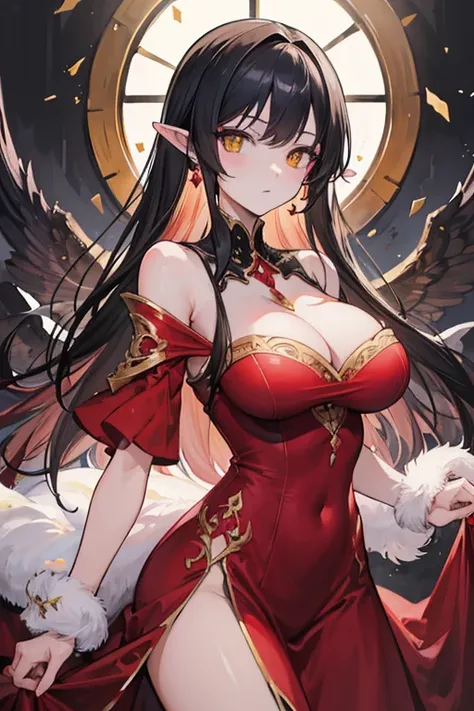 masterpiece, highres, best quality, highly detailed, wallpaper, painterly, brush strokes, pointy ears, yellow eyes, slit pupils, beautiful woman, large breasts, red dress