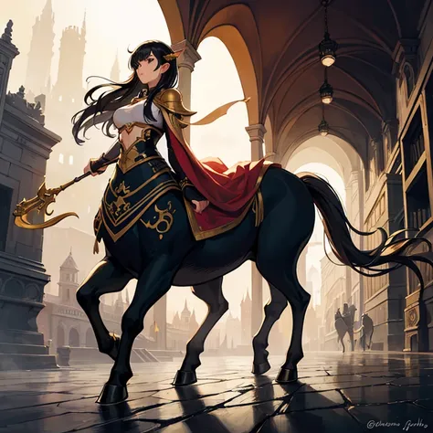 a fascinating fantasy painting of a young girl riding a majestic female centaur。,
 the diverse women of centaur. they are walkin...