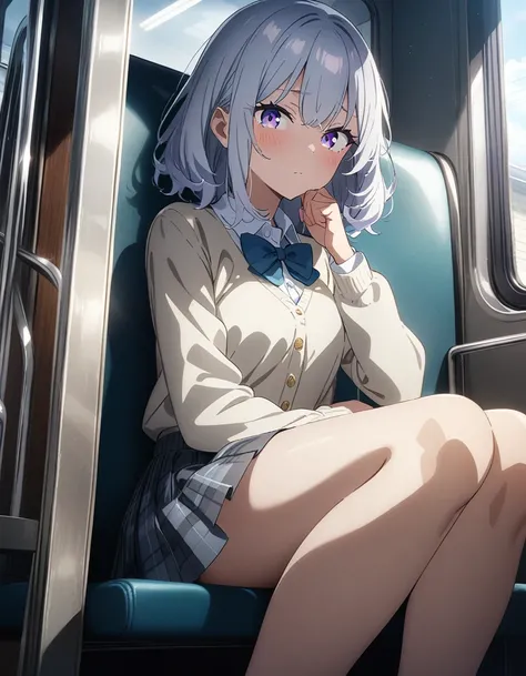 masterpiece, best quality, very aesthetic, absurdres, 1girl, school girl uniform, sitting on seat, in train, key visual, highly detailed, looking at viewer
