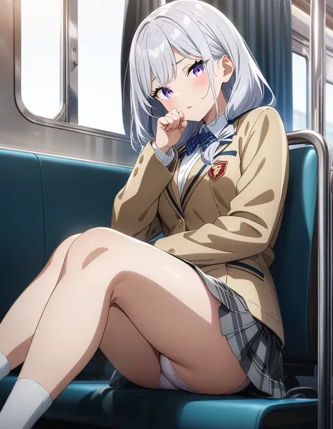 masterpiece, best quality, very aesthetic, absurdres, 1girl, school girl uniform, sitting on seat, panties, in train, key visual, highly detailed, looking at viewer
