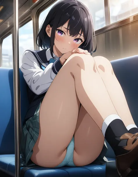 masterpiece, best quality, very aesthetic, absurdres, 1girl, school girl uniform, sitting on seat, panties, in train, key visual, highly detailed, looking at viewer
