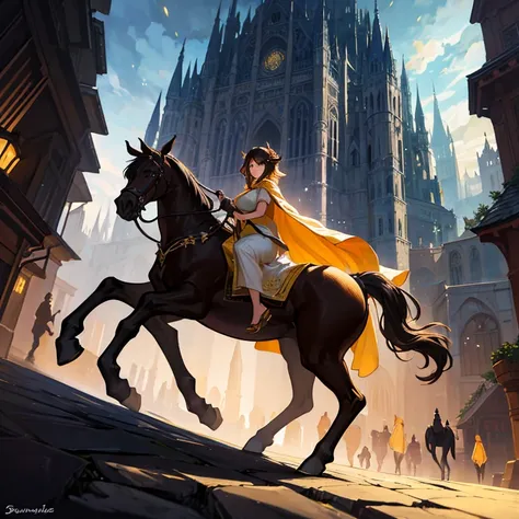 A fascinating fantasy painting of a young girl riding a majestic female centaur。,
 The diverse women of Centaur. They are walking through the bustling city,
 Complex architecture and brilliant lights. The girl&#39;s costume is a mix of medieval and modern ...