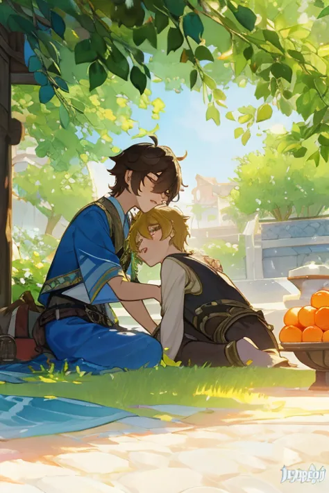 genshin impact character a boy feeding fruits to another boy, ambiguous scene, watercolor painting, vibrant colors, soft lightin...