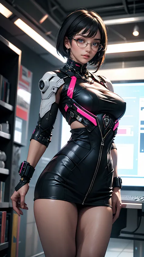 (masterpiece, highest quality), One girl, Black Hair, Glasses, cyber punk, alone, Waist high, Sexy Appearance