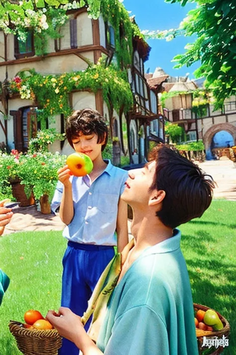 genshin impact character a boy feeding fruits to another boy, ambiguous scene, watercolor painting, vibrant colors, soft lightin...