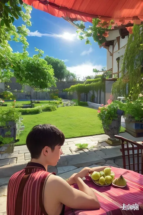 genshin impact character a boy feeding fruits to another boy, ambiguous scene, watercolor painting, vibrant colors, soft lightin...