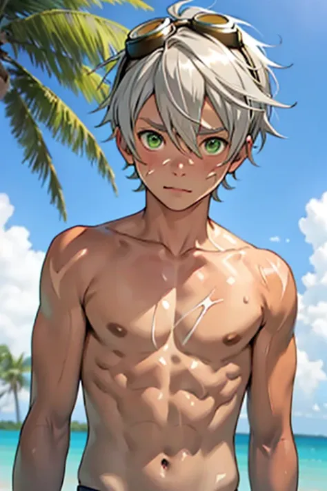 Tied up　string　torture　Fight　Young people　Swimwear　male　Embarrassing　Pull　suffer　thin　Gray Hair　juvenile　anime　Upper body naked　Droopy eyes 　Tea skin　Sunburn　Brown Skin　Embarrassing　Put goggles over your head　Green Eyes　thin脚　return　behind