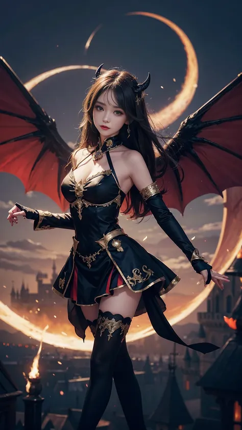 huge filesize,wallpaper,embellished_costume,magic circles,devil,castle,medium_shot,1girl,costume_switch,multicolored_wings,