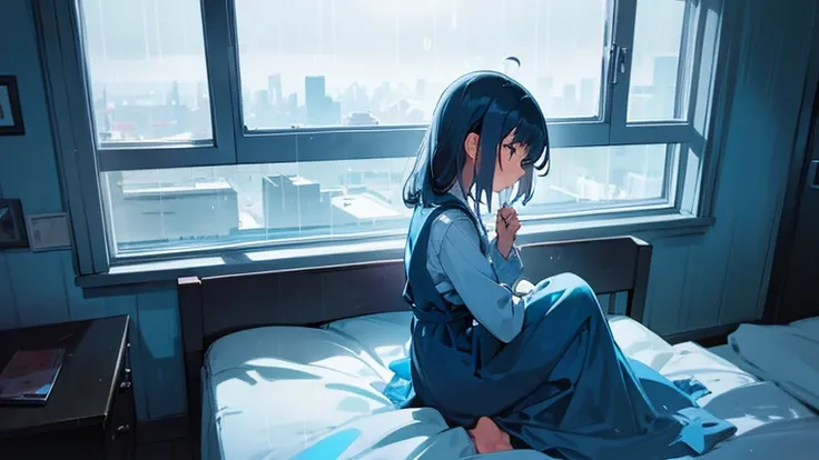 A girl sitting alone on her bed. Through the window, the weather is rainy. The overall color is blue.