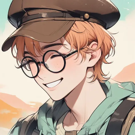 man, pastel orange hair, pastel colors, face close up, adventure, explorer, brown beret, big round glasses, smiling, big freckle...