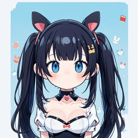 masterpiece, best quality, absurdres, illustration, black,Cyber Punk,
1 girl, playboy bunny, anime character, kawaii, cute, fuwafuwa,black hair,twin tail hair, blunt bangs,blue eyes, choker,
postcard,