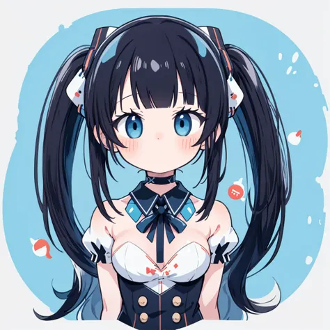 masterpiece, best quality, absurdres, illustration, black,Cyber Punk,
1 girl, playboy bunny, anime character, kawaii, cute, fuwafuwa,black hair,twin tail hair, blunt bangs,blue eyes, choker,
postcard,