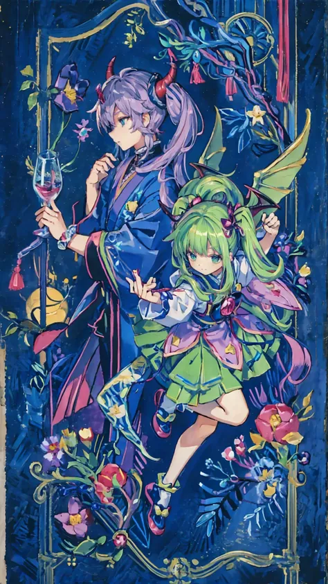 Japanese anime style.
Hong Kong cityscape at night.
A cute magical girl and a cool male demon king are enjoying the Parapara dance..
[Cute Magical Girls Special]
Long light green twin tails.
Beautiful hair accessories, but、Ugly but cute mascot characters a...