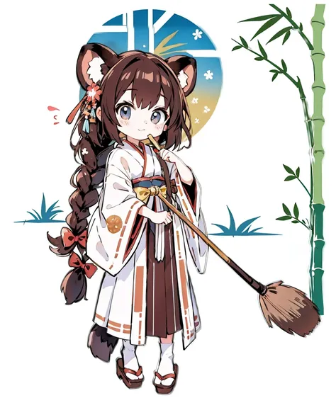 one girls。Cute little girl s。Brown hair。Braids bow。brown raccoon ears。brown raccoon tail。A slight smil。see the beholder。Japan priestess costume。hold a long broom with both hands。The background is a Japanese bamboo forest.。