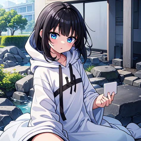 (masterpiece)、(highest quality)、(detailed expression)、white hoodieを着たblack hairの女の子, white hoodie, pretty girl,10 year old femal...