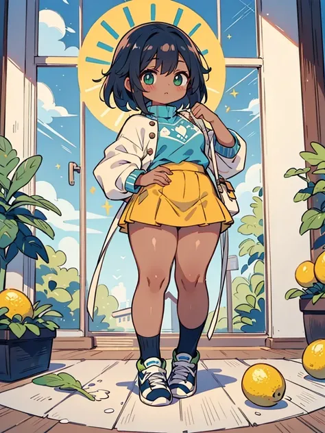 role conception, whole body, Kawaii, Fashion Design, Fashion, alt Fashion, Lovely, cute, Sky_Blue and lemon yellow_Green Palette, cute, figure, dark skin, mini skirt, fluffy sweater, bud, thick sole sneakers, Lovely room