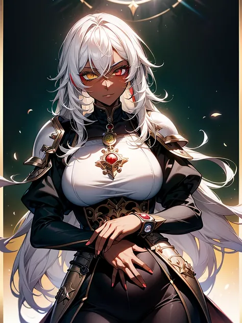 (masterpiece, best quality), (Official art, masterpiece, 8k, HD, ultra-detailed), ultra-detailed, portrait of a beautiful 32 year old woman, ((dark skin)), white hair, red and yellow eyes, wearing light black jumpsuit, with light armor, wearing a magic wat...