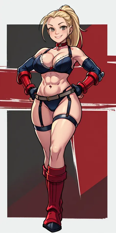 (Masterpiece, 4k, plain background:1.2) Female Cammy White Street Fighter red gloves gauntlets full body standing straight symmetrical feet together looking to the viewer RED full body armored, 2 crossing big belt under belly button, navel, abs, garter str...