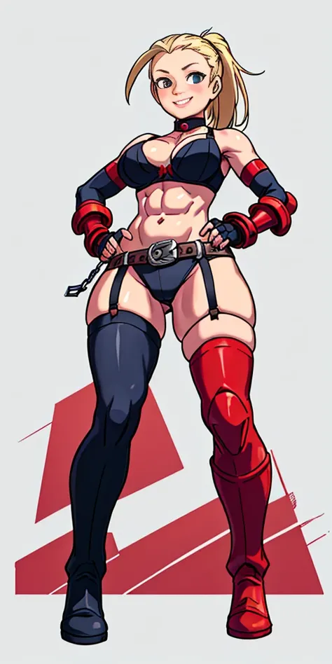 (Masterpiece, 4k, plain background:1.2) Female Cammy White Street Fighter red gloves gauntlets full body standing straight symmetrical feet together looking to the viewer RED full body armored, 2 crossing big belt under belly button, navel, abs, garter str...