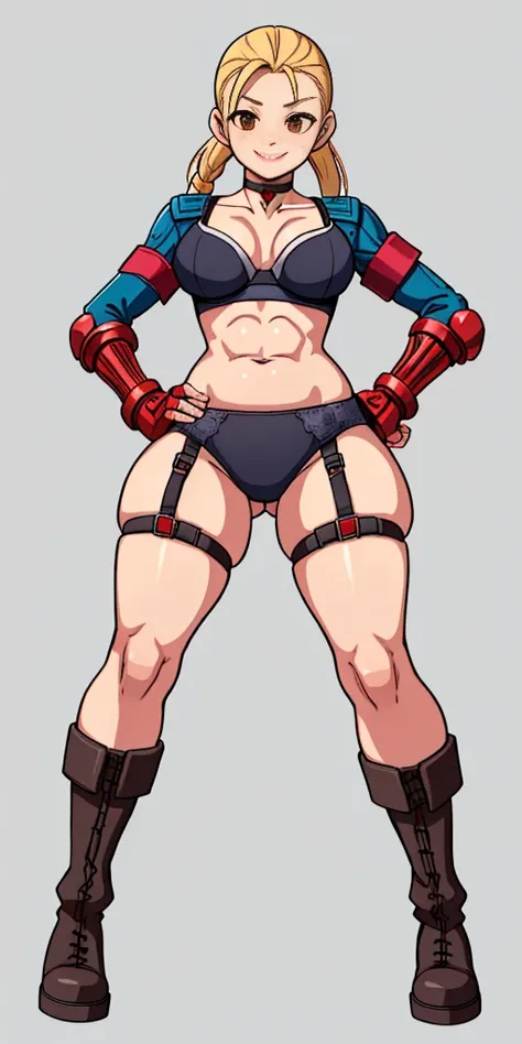 (Masterpiece, 4k, plain background:1.2) Female Cammy White Street Fighter red gloves gauntlets full body standing straight symmetrical feet together looking to the viewer RED full body armored, 2 crossing big belt under belly button, navel, abs, garter str...