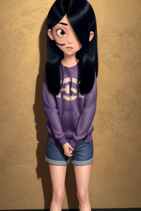 masterpiece,best quality, , 1girl, solo, violetparr purple sweatshirt, (short jeans), butt, sneakers, hair over one eye, looking...