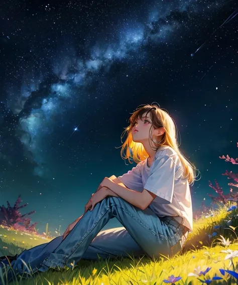 Describes a scene in which a cute girl is sitting on a grassy hill and looking up at the stars。Surround her with colorful nebulae and her favorite constellations。Detailed face、Detailed legs、Detailed hands、White shirt、Wearing denim pants、