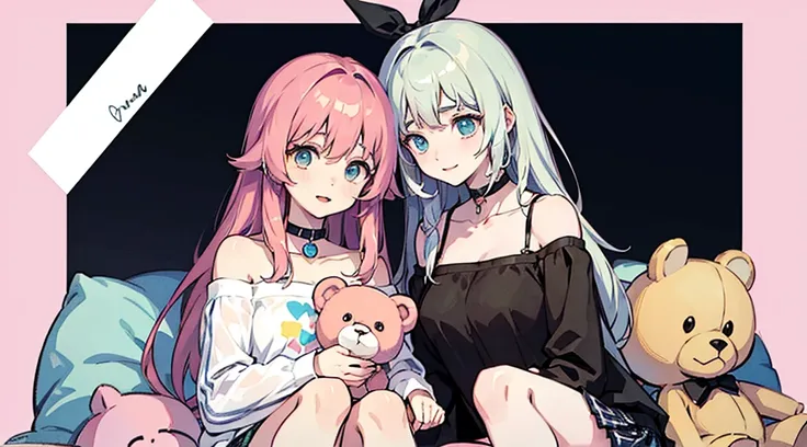 an anime-style illustration of two schoolgirls holding teddy bears. The girls should have long hair and wear white blouses with large bows and plaid skirts. The teddy bears should be light brown and look cute. The background should be a light pink color. A...